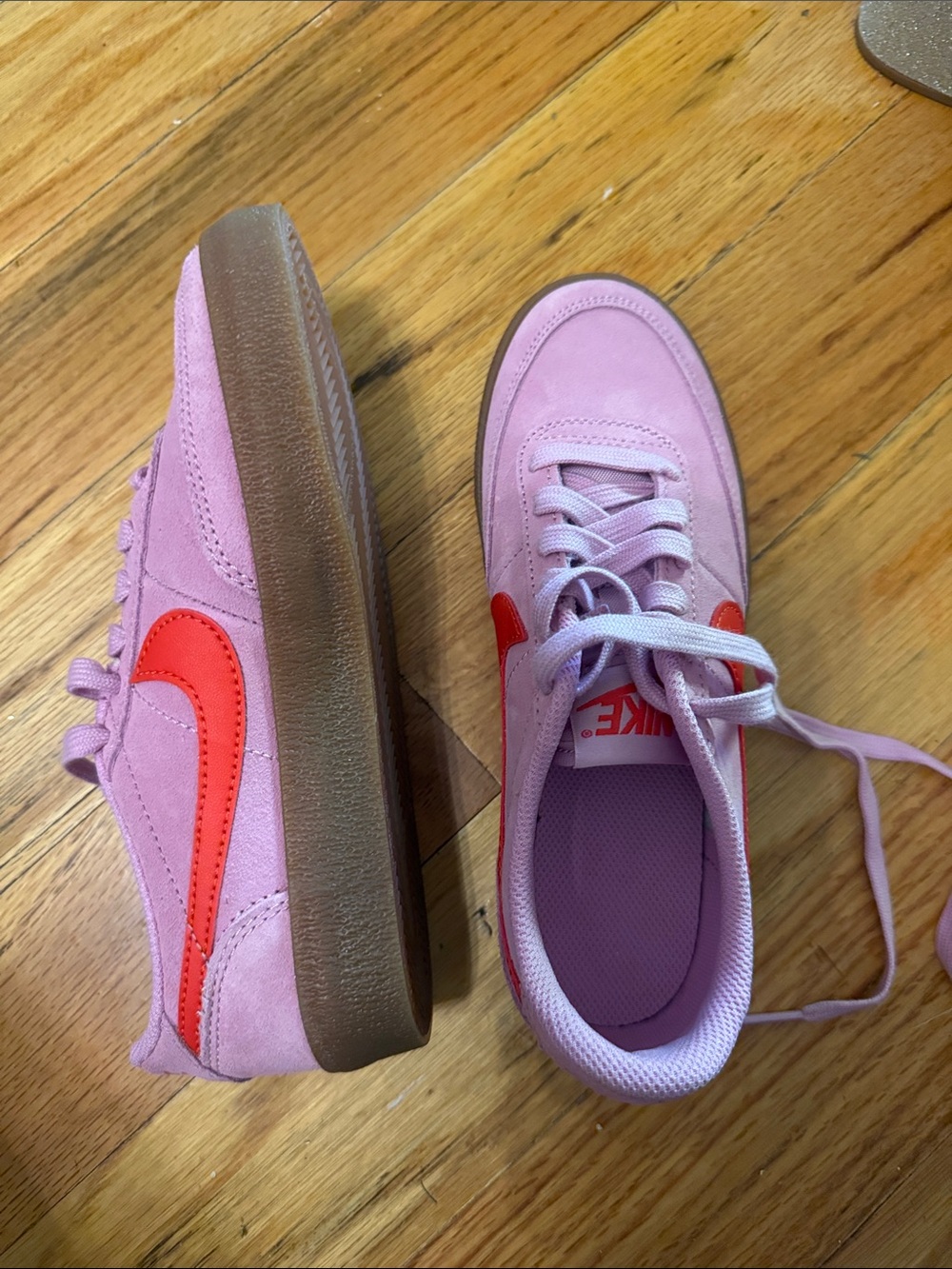 Nike Kids Pink Suede Sneakers with Red Swoosh and Gum Sole